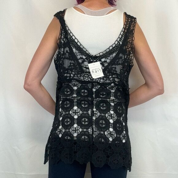 Keren Hart Women's Black Open Crochet Lace V Neck Tank Top Overlay L LG Large - Picture 2 of 11